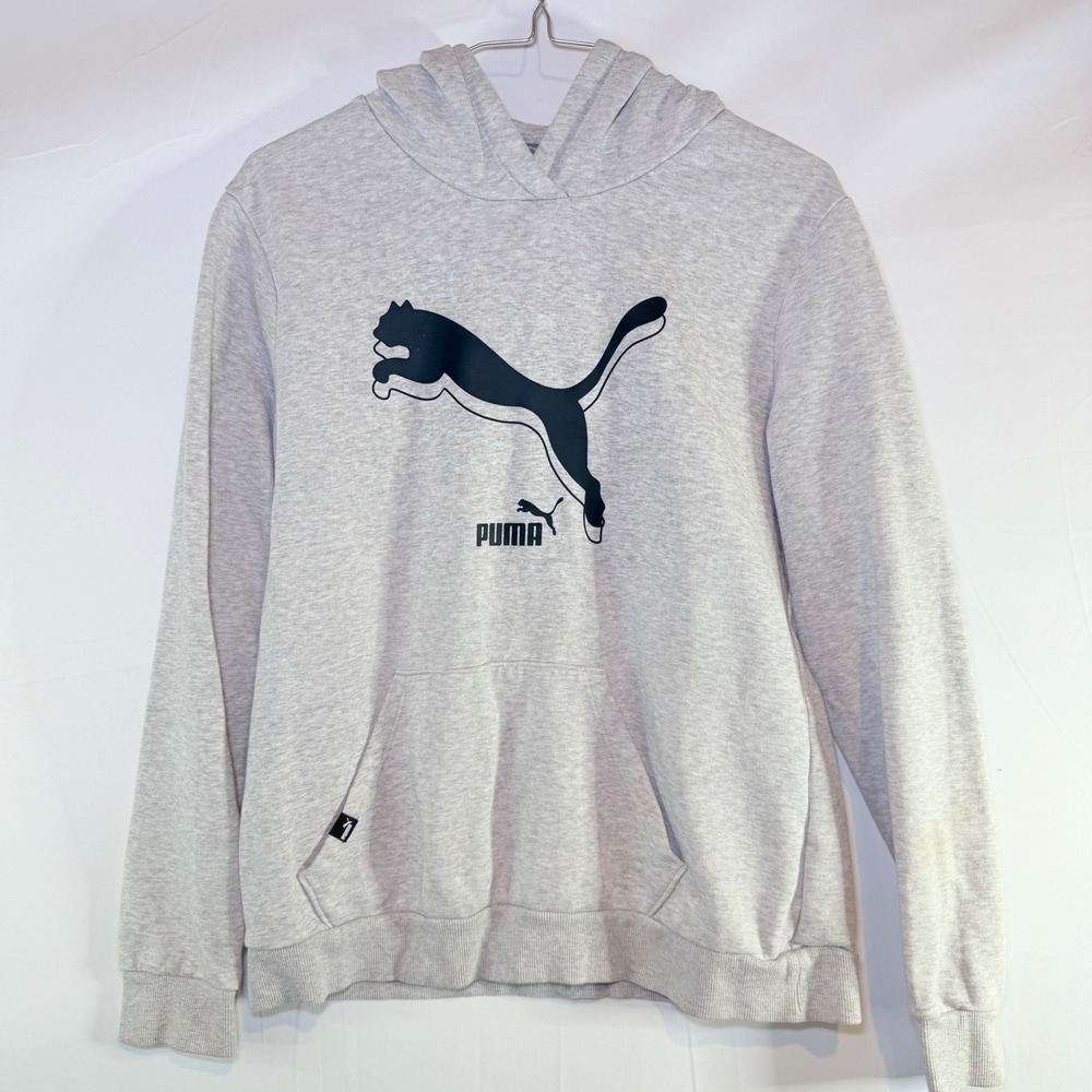 Puma Boys Heather Gray Big Logo‎ Pullover Hoodie Sweatshirt Size Large L